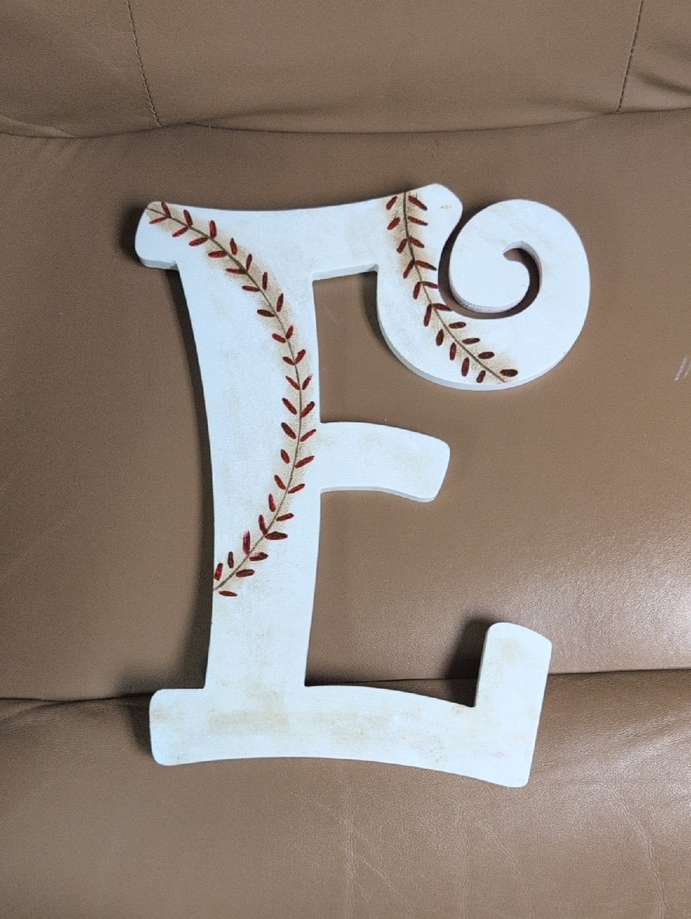 Decorative Wooden Letter "E" in Rustic Baseball Stitch Design